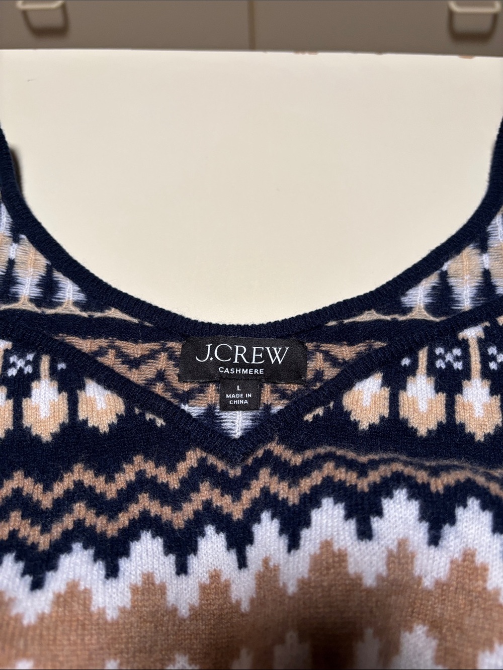 J. Crew Cashmere V-Neck Sweater in Navy, Camel & White Fair Isle